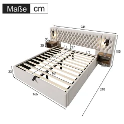 Lit coffre 160 x 200 cm - Lit double avec 2 tables de chevet et lampe de lecture - Velours - avec Matelas - Beige