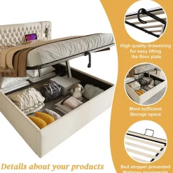 Lit coffre 160 x 200 cm - Lit double avec 2 tables de chevet et lampe de lecture - Velours - avec Matelas - Beige