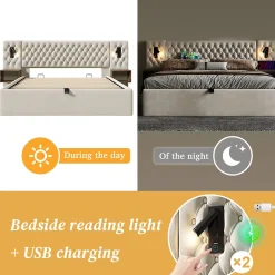 Lit coffre 160 x 200 cm - Lit double avec 2 tables de chevet et lampe de lecture - Velours - avec Matelas - Beige