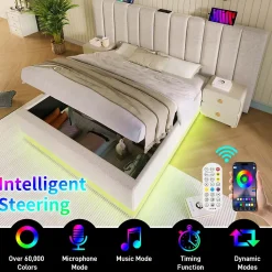 Lit Coffre 180 x 200 Cm - Lit Double Capitonné avec LED et Charge USB-C - Métal, Lin, Bois Massif - Sans Matelas - Beige