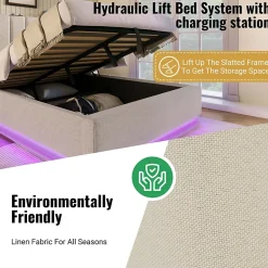 Lit Coffre 180 x 200 Cm - Lit Double Capitonné avec LED et Charge USB-C - Métal, Lin, Bois Massif - Sans Matelas - Beige