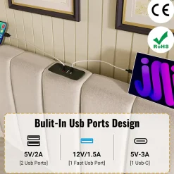 Lit Coffre 180 x 200 Cm - Lit Double Capitonné avec LED et Charge USB-C - Métal, Lin, Bois Massif - Sans Matelas - Beige