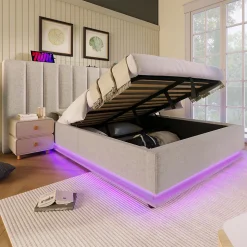 Lit Coffre 180 x 200 Cm - Lit Double Capitonné avec LED et Charge USB-C - Métal, Lin, Bois Massif - Sans Matelas - Beige