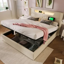 Lit coffre 140 x 200 cm - Lit double avec USB Type-C + Éclairage LED - Lin - Sans Matelas - Beige