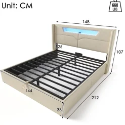 Lit coffre 140 x 200 cm - Lit double avec USB Type-C + Éclairage LED - Lin - Sans Matelas - Beige
