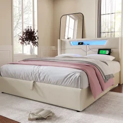 Lit coffre 140 x 200 cm - Lit double avec USB Type-C + Éclairage LED - Lin - Sans Matelas - Beige