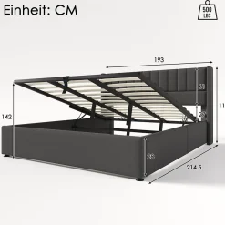 Lit coffre 180 x 200 cm - Lit Double avec Sommier à Lattes - Lin Bois Métal - Sans Matelas - Gris