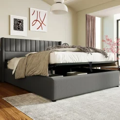 Lit coffre 180 x 200 cm - Lit Double avec Sommier à Lattes - Lin Bois Métal - Sans Matelas - Gris
