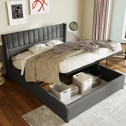 Lit coffre 180 x 200 cm - Lit Double avec Sommier à Lattes - Lin Bois Métal - Sans Matelas - Gris