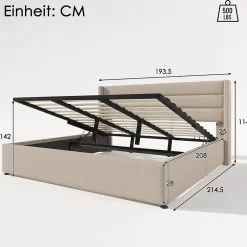 Lit Coffre 180 x 200 cm - Lit Double avec Grand Espace de Rangement - Structure en Lin et Métal - Sans Matelas - Beige