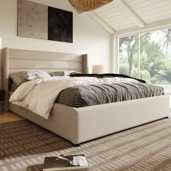 Lit Coffre 180 x 200 cm - Lit Double avec Grand Espace de Rangement - Structure en Lin et Métal - Sans Matelas - Beige