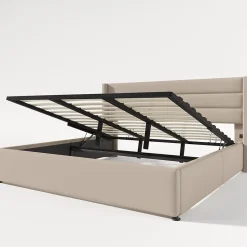 Lit Coffre 180 x 200 cm - Lit Double avec Grand Espace de Rangement - Structure en Lin et Métal - Sans Matelas - Beige