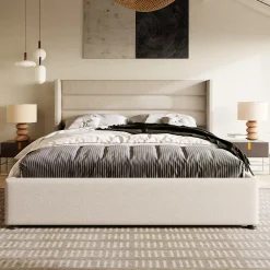 Lit Coffre 180 x 200 cm - Lit Double avec Grand Espace de Rangement - Structure en Lin et Métal - Sans Matelas - Beige