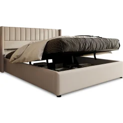 Lit coffre 180 x 200 cm - Lit Double avec Sommier à Lattes - Lin Bois Métal - Sans Matelas - Beige