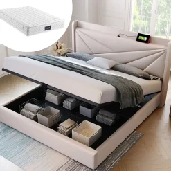 Lit coffre 140 x 200 cm - Lit double capitonné avec sommier à lattes et charge USB Type C - Coton et métal - avec Matelas - Beige