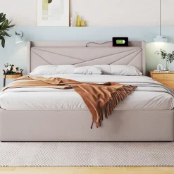 Lit coffre 140 x 200 cm - Lit double capitonné avec sommier à lattes et charge USB Type C - Coton et métal - avec Matelas - Beige