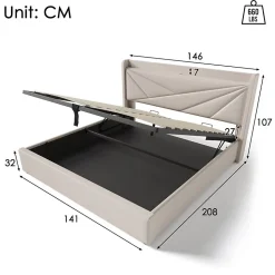 Lit coffre 140 x 200 cm - Lit double capitonné avec sommier à lattes et charge USB Type C - Coton et métal - avec Matelas - Beige