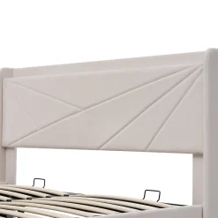 Lit coffre 140 x 200 cm - Lit double capitonné avec sommier à lattes et charge USB Type C - Coton et métal - avec Matelas - Beige