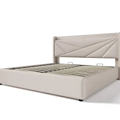 Lit coffre 140 x 200 cm - Lit double capitonné avec sommier à lattes et charge USB Type C - Coton et métal - avec Matelas - Beige