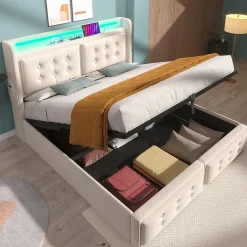 Lit Coffre 140 x 200 Cm - Lit Double avec Tête de Lit LED et Charge USB C - Bois, Coton, Métal - Sans Matelas - Beige