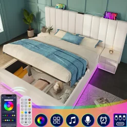Lit Coffre 160 x 200 Cm - Lit Double Capitonné avec LED et Charge USB-C - Métal, PU, Bois Massif - Sans Matelas - Blanc