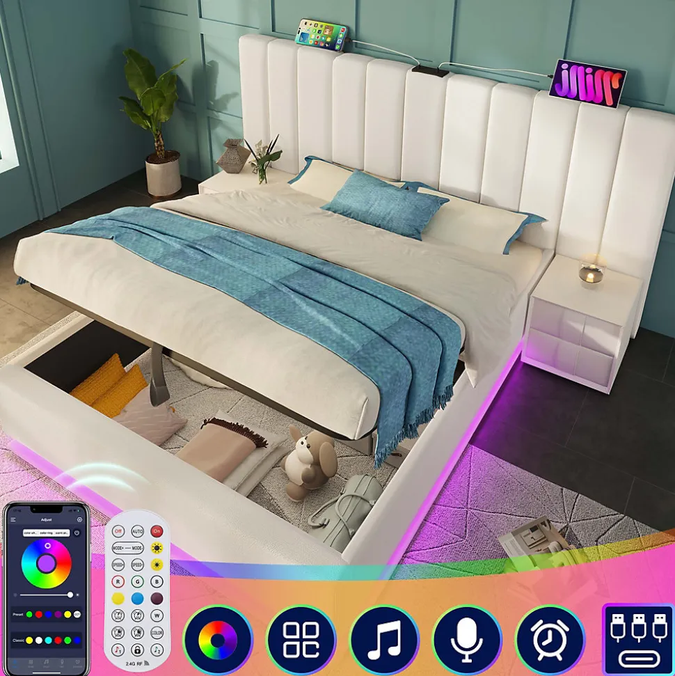 Lit Coffre 160 x 200 Cm - Lit Double Capitonné avec LED et Charge USB-C - Métal, PU, Bois Massif - Sans Matelas - Blanc