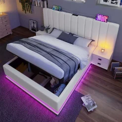 Lit Coffre 160 x 200 Cm - Lit Double Capitonné avec LED et Charge USB-C - Métal, PU, Bois Massif - Sans Matelas - Blanc
