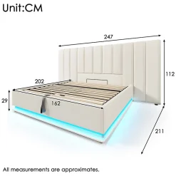Lit Coffre 160 x 200 Cm - Lit Double Capitonné avec LED et Charge USB-C - Métal, PU, Bois Massif - Sans Matelas - Blanc
