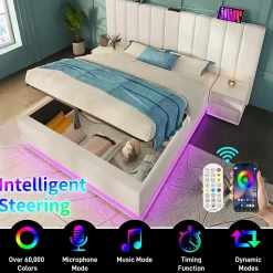 Lit Coffre 160 x 200 Cm - Lit Double Capitonné avec LED et Charge USB-C - Métal, PU, Bois Massif - Sans Matelas - Blanc