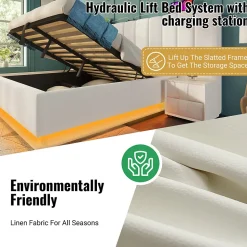 Lit Coffre 160 x 200 Cm - Lit Double Capitonné avec LED et Charge USB-C - Métal, PU, Bois Massif - Sans Matelas - Blanc