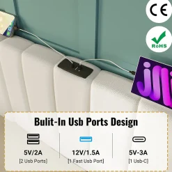 Lit Coffre 180 x 200 Cm - Lit Double avec LED et Charge USB-C - Métal, Similicuir, Bois Massif - Sans Matelas - Blanc