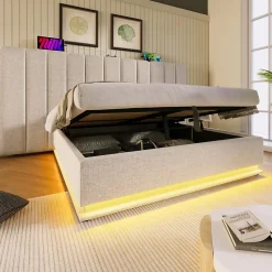 Lit Coffre 160 x 200 Cm - Lit Double avec LED et Charge USB-C - Métal, Lin, Bois Massif - Sans Matelas - Beige