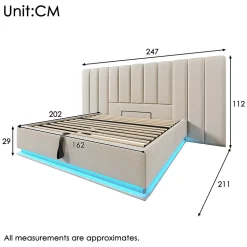 Lit Coffre 160 x 200 Cm - Lit Double avec LED et Charge USB-C - Métal, Lin, Bois Massif - Sans Matelas - Beige
