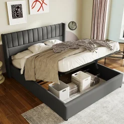 Lit coffre 140 x 200 cm - Lit Double avec Sommier à Lattes - Lin Bois Métal - Sans Matelas - Gris