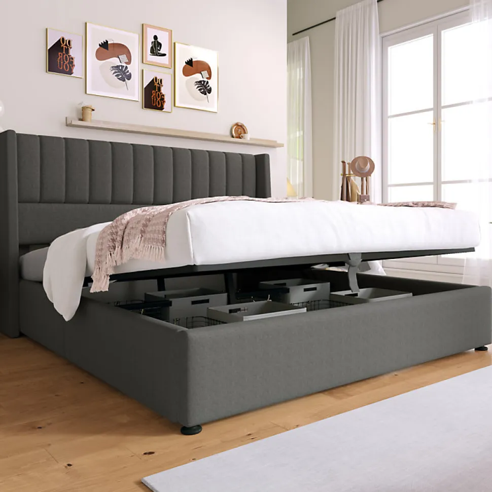 Lit coffre 140 x 200 cm - Lit Double avec Sommier à Lattes - Lin Bois Métal - Sans Matelas - Gris