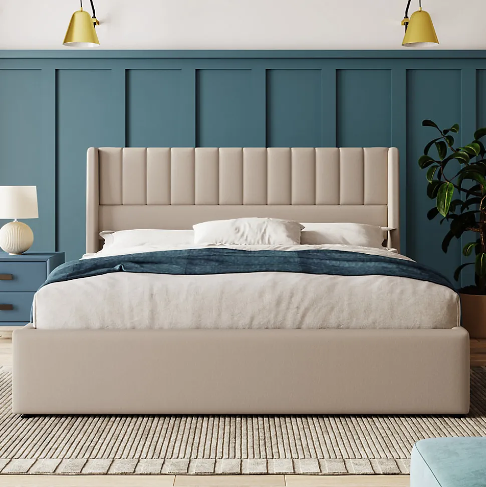 Lit coffre 140 x 200 cm - Lit Double avec Sommier à Lattes - Lin Bois Métal - Sans Matelas - Gris