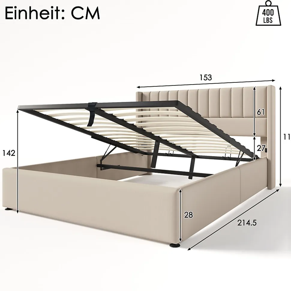 Lit coffre 140 x 200 cm - Lit Double avec Sommier à Lattes - Lin Bois Métal - Sans Matelas - Gris