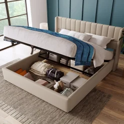 Lit coffre 140 x 200 cm - Lit Double avec Sommier à Lattes - Lin Bois Métal - Sans Matelas - Gris