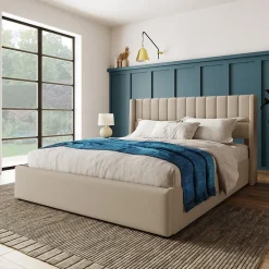 Lit coffre 140 x 200 cm - Lit Double avec Sommier à Lattes - Lin Bois Métal - Sans Matelas - Gris