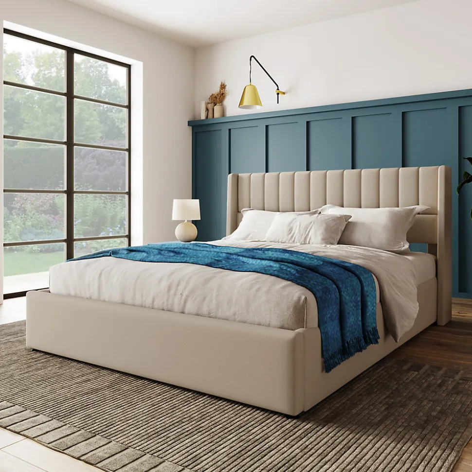 Lit coffre 140 x 200 cm - Lit Double avec Sommier à Lattes - Lin Bois Métal - Sans Matelas - Gris