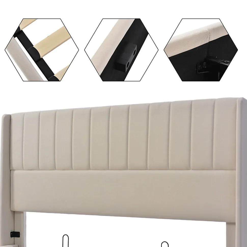 Lit coffre 140 x 200 cm - Lit Double avec Sommier à Lattes - Lin Bois Métal - Sans Matelas - Gris