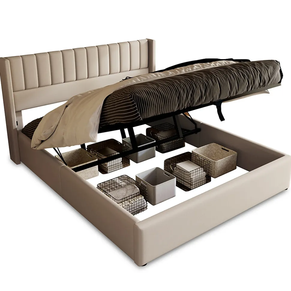 Lit coffre 140 x 200 cm - Lit Double avec Sommier à Lattes - Lin Bois Métal - Sans Matelas - Gris