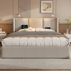 Lit Coffre 160 x 200 Cm - Lit Double avec Lampe de Lecture et Charge USB - Bois Massif et PU - Sans Matelas - Beige