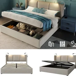 Lit Coffre 160 x 200 Cm - Lit Double avec Lampe de Lecture et Charge USB - Bois Massif et PU - Sans Matelas - Beige