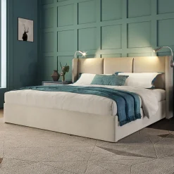 Lit Coffre 160 x 200 Cm - Lit Double avec Lampe de Lecture et Charge USB - Bois Massif et PU - Sans Matelas - Beige