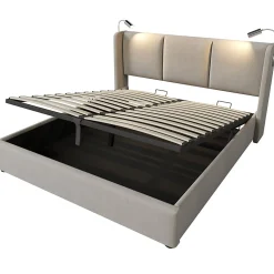 Lit Coffre 160 x 200 Cm - Lit Double avec Lampe de Lecture et Charge USB - Bois Massif et PU - Sans Matelas - Beige