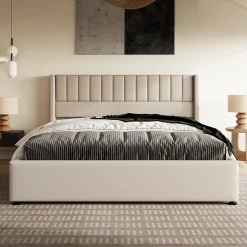 Lit coffre 160 x 200 cm - Lit Double avec Sommier à Lattes - Lin Bois Métal - Sans Matelas - Beige