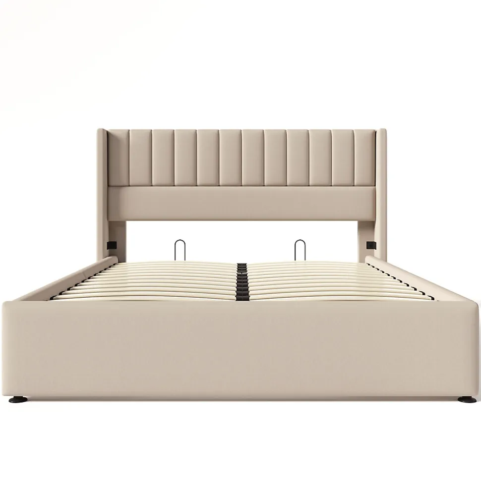 Lit coffre 160 x 200 cm - Lit Double avec Sommier à Lattes - Lin Bois Métal - Sans Matelas - Beige