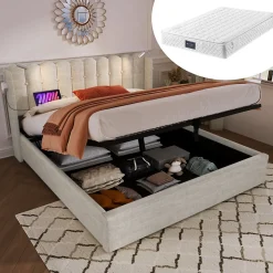 Lit Coffre 160 x 200 Cm - Lit Double avec Lampe de Lecture et Ports USB - Lin - Sans Matelas - Beige