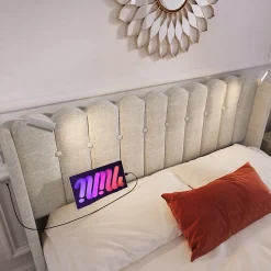 Lit Coffre 160 x 200 Cm - Lit Double avec Lampe de Lecture et Ports USB - Lin - Sans Matelas - Beige